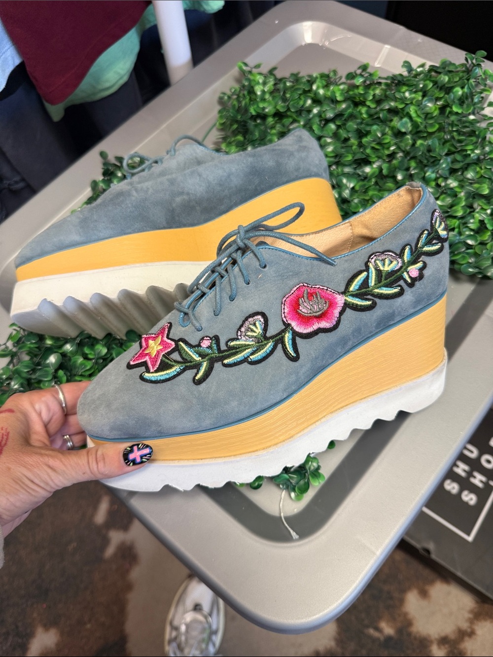 Blue Suede Floral Embroidered Platform Oxfords